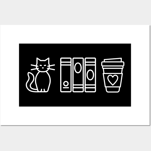 Cats, Books, & Coffee (White Print) Wall Art by CrazyShirtLady